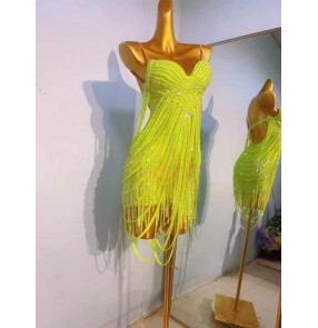 Custom size women girls Fluorescent yellow competition latin dance dresses bling tassels solo salsa rumba chacha dancing skirts for female